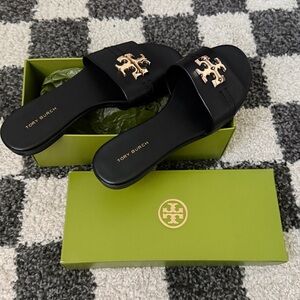 Tory Burch Black Slide Sandals with Gold Logo